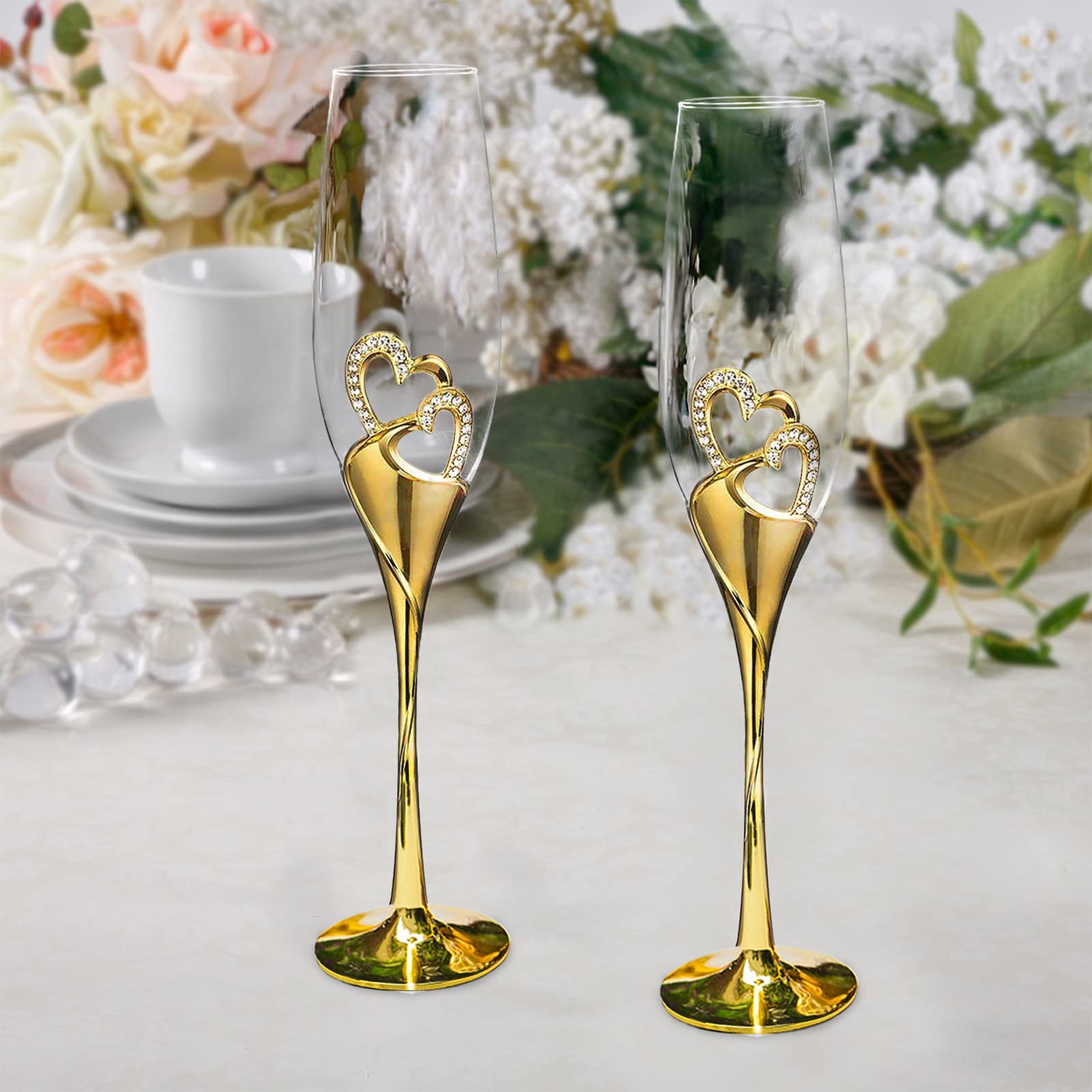 Juego de copas de champán para boda, copas doradas para tostar, paquete de 2 unidades con diamantes de imitación, decoración de corazones para bodas, aniversarios y ocasiones especiales