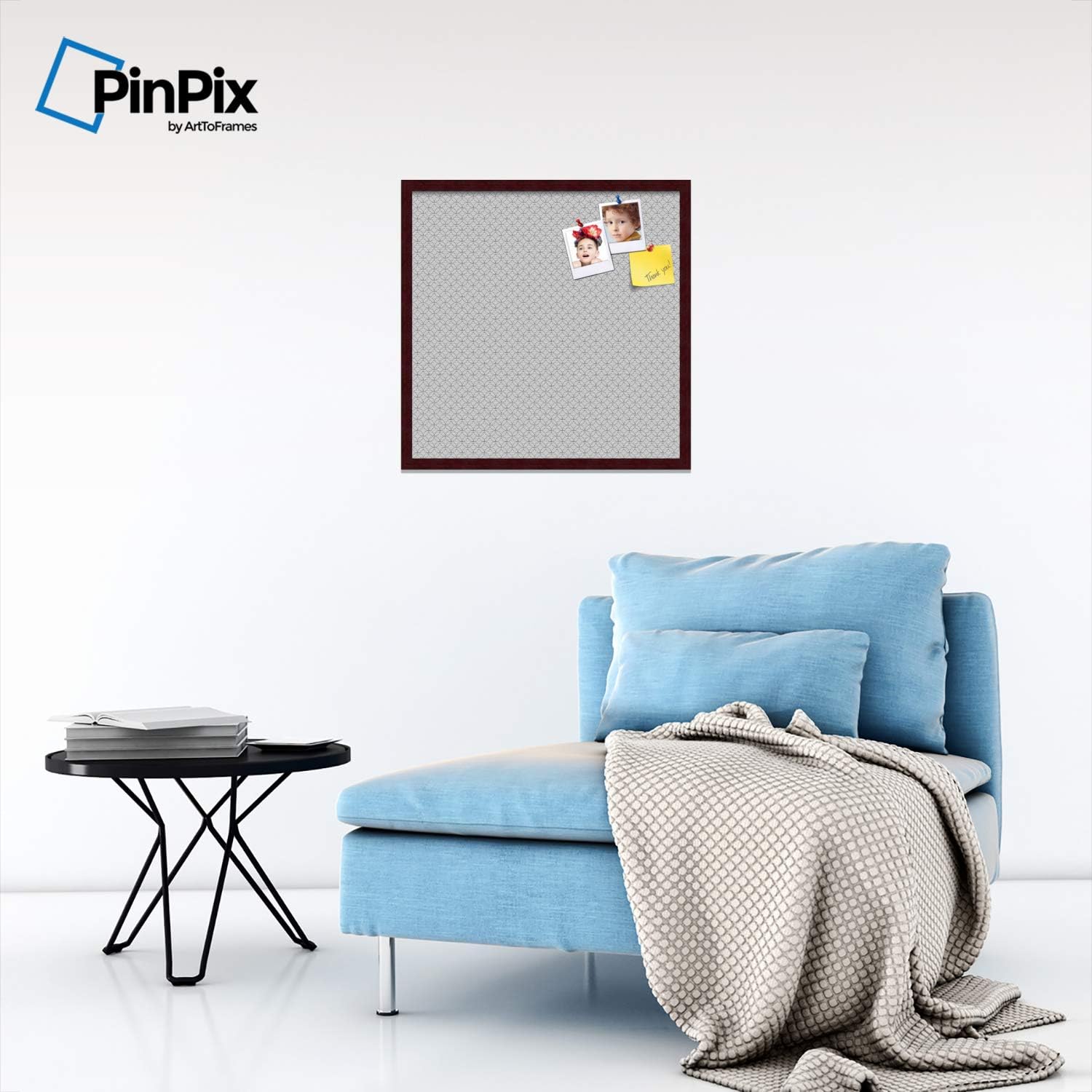 ArtToFrames 24x24 Custom Cork Bulletin Board. This Seamless Circles Black and White Pin Board Has a Fabric Style Canvas Finish, Framed in Mahogany (PinPix-117-24x24_FRBW26039)