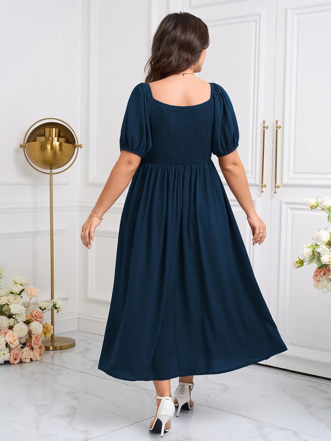 SCOMCHIC Plus Size Sweetheart Neckline Maxi Dress Formal Wedding Guest Short Puff Sleeve Cocktail Smocked A-Line Dresses - Image 6
