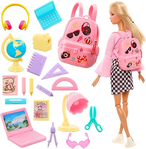 ENOCHT 19 piezas de muñeca niña accesorios escolares mochila mini lámpara de escritorio portátil mini globo gafas y auriculares para muñeca de 11.5