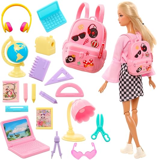 ENOCHT 19 Pcs Girl Doll School Accessories Backpack Mini Desk Lamp Laptop Mini Globe Glasses and Headset for 11.5 Inch Doll School Playset