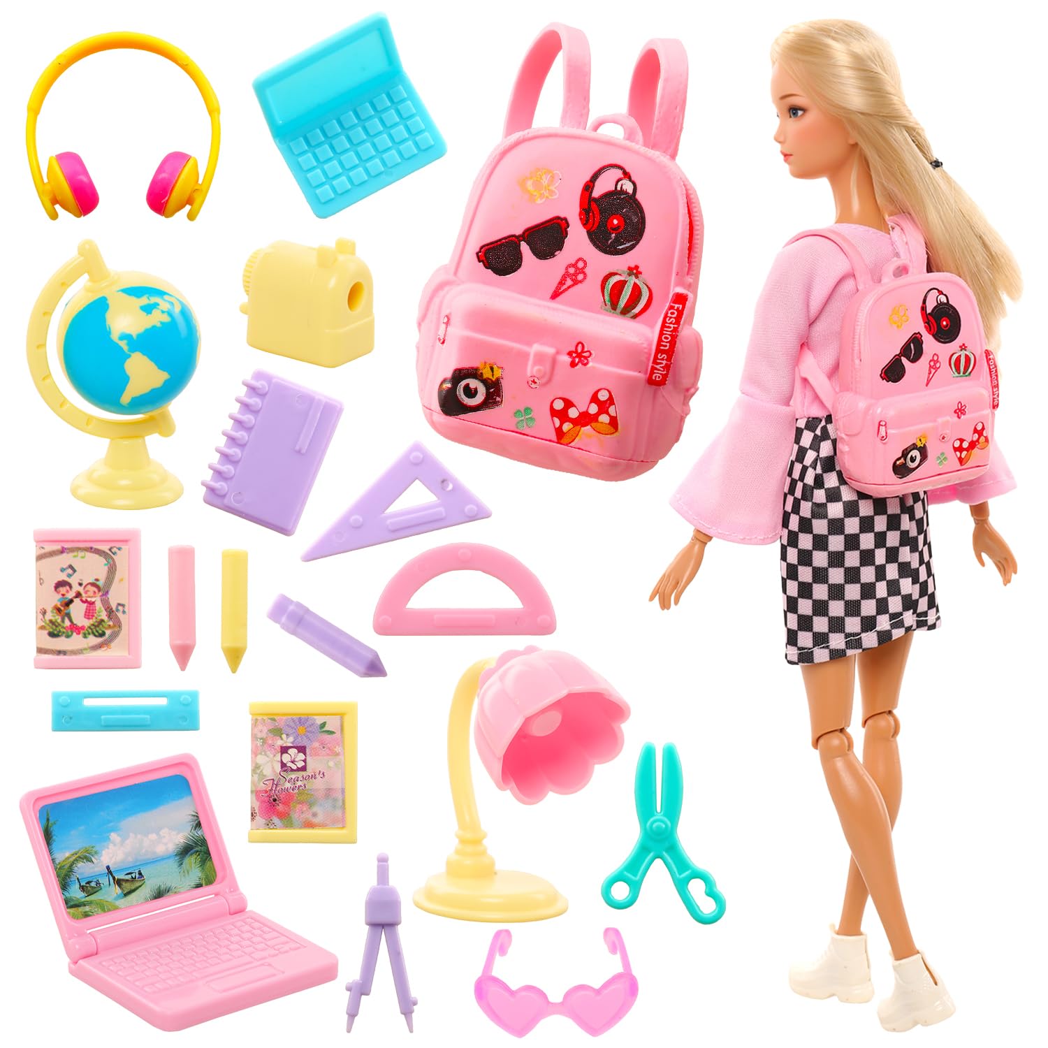 ENOCHT 19 Pcs Girl Doll School Accessories Backpack Mini Desk Lamp Laptop Mini Globe Glasses and Headset for 11.5 Inch Doll School Playset
