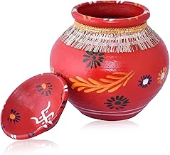 Decorative Handcrafted Clay Kalash with Lid, Red Floral Design, Traditional Pooja Pot