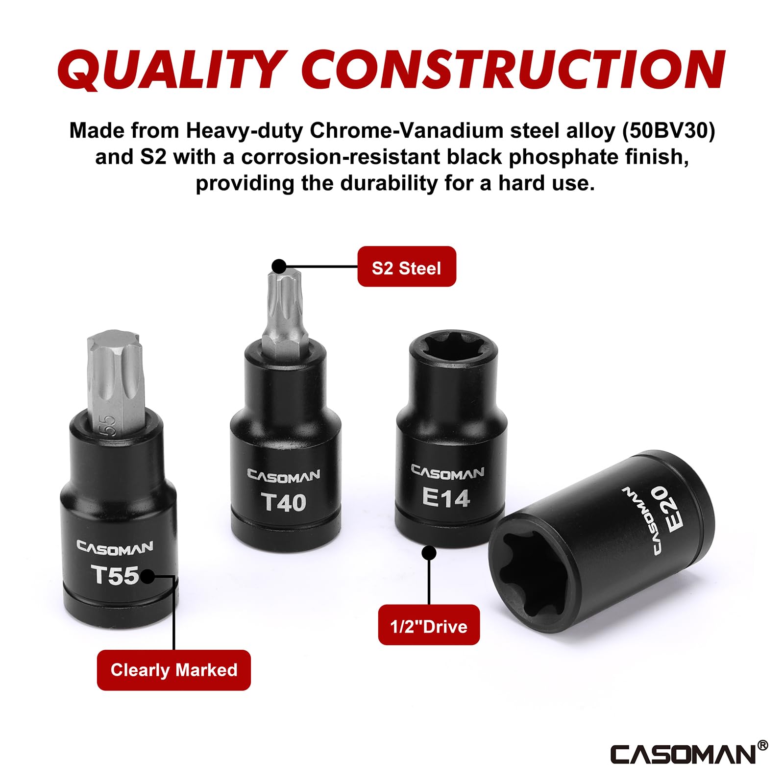 CASOMAN Set di 16 punte TorxBit da 1/2", Torx/Star: T30 T40 T45 T50 T55 T60 T70; E-Torx: E10 E11 E12 E14 E16 E18 E20 E22 E24; CR-V e S2