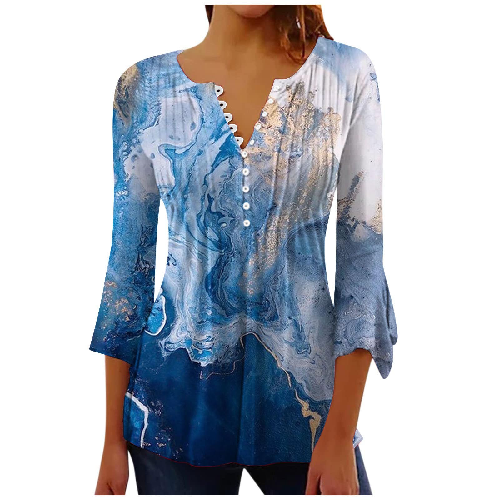 Women's 3/4 Length Sleeve Summer Trendy Tops Button V-Neck Casual Shirts Blouse Tunic Tops to Wear with Leggings