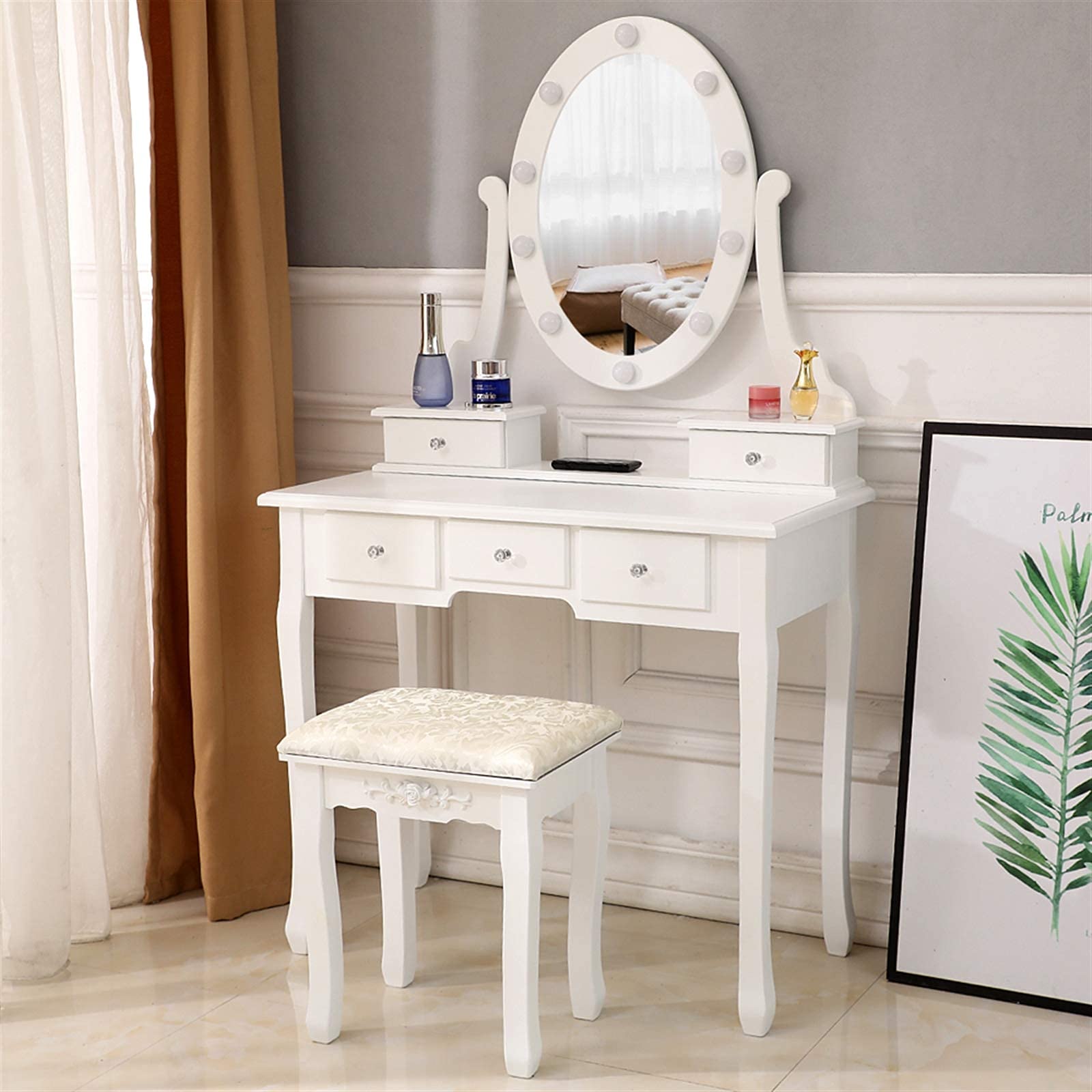 LongJiang Makeup Vanity Table and Stool Set with LED Lighted Mirror,Dressing Table Writing Desk with 10 Light Bulbs 3 Drawers 2 Removable Storage Boxes,White