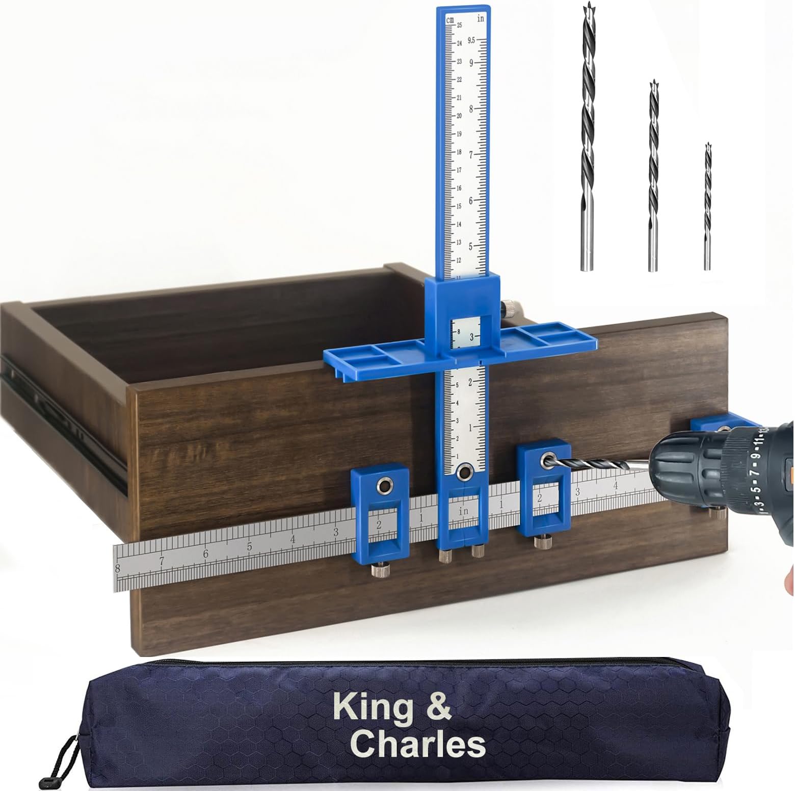King&Charles Cabinet Hardware Jig, Cabinet Handle Jig with 3pcs Point Wood Drils Bits, Use for Handles Pulls Knobs on Drawers/Doors, Wood Drilling Dowelling Guide Set.