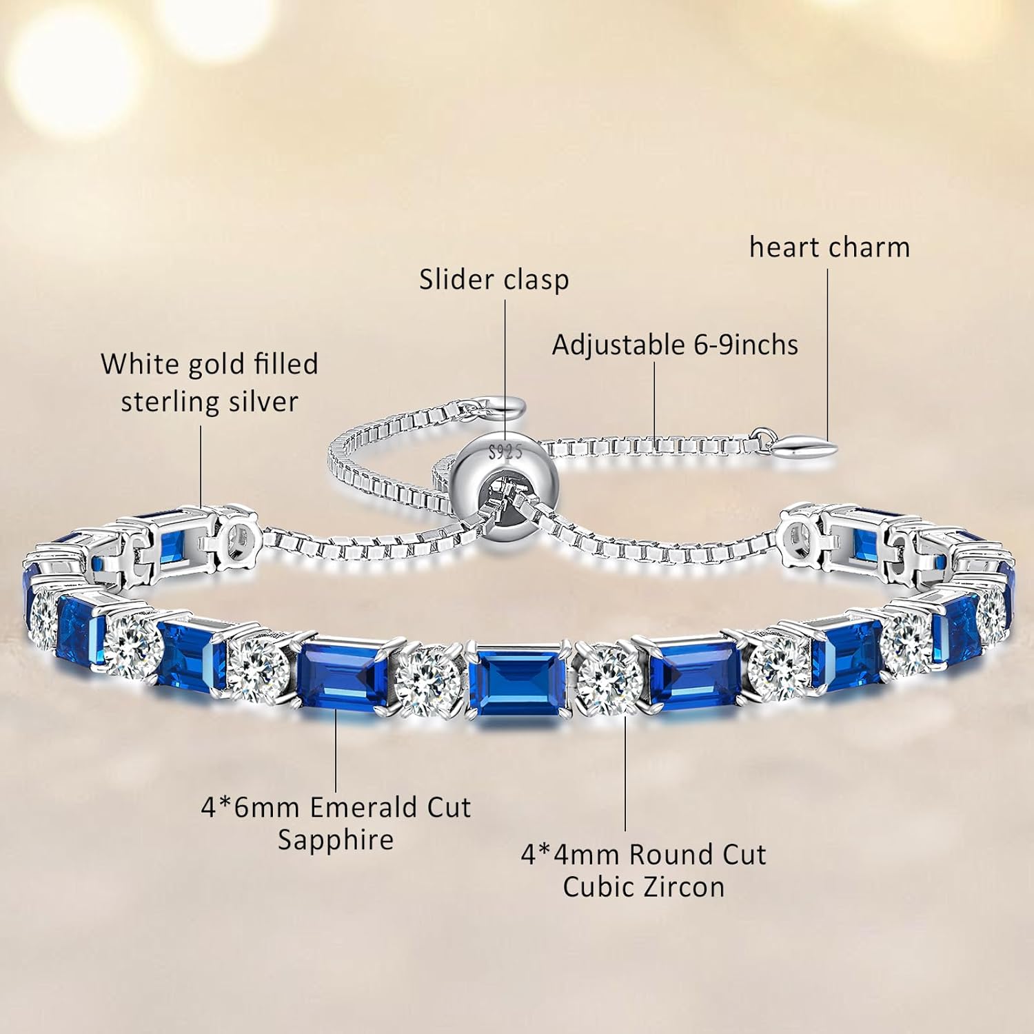 Birthstone Tennis Bracelets for Women White Gold Sterling Silver Gemstone Bracelets Adjustable Chain 6-9 Inchs Jewelry Anniversary Birthday Gifts for Women Mom Wife Her - Image 5