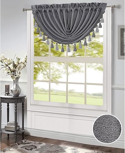 Morgan - Panel de ventana con bolsillo para barra y tratamiento de cenefa de cascada, tela elegante tejida de color sólido, decoración para el