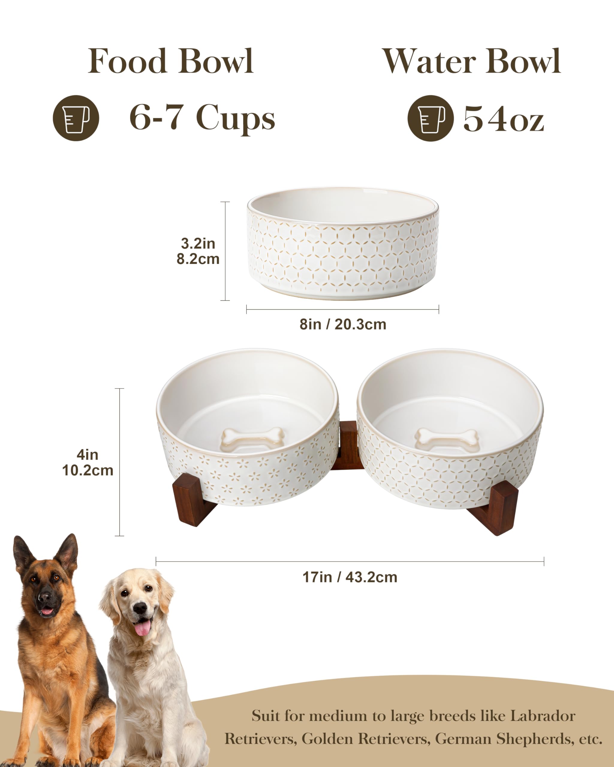 MALACASA Juego de cuencos para perros con soporte de madera de nogal, 6 tazas de cerámica para cachorros, cuencos dobles para alimentos y agua con base antideslizante, cuencos básicos para tu perro
