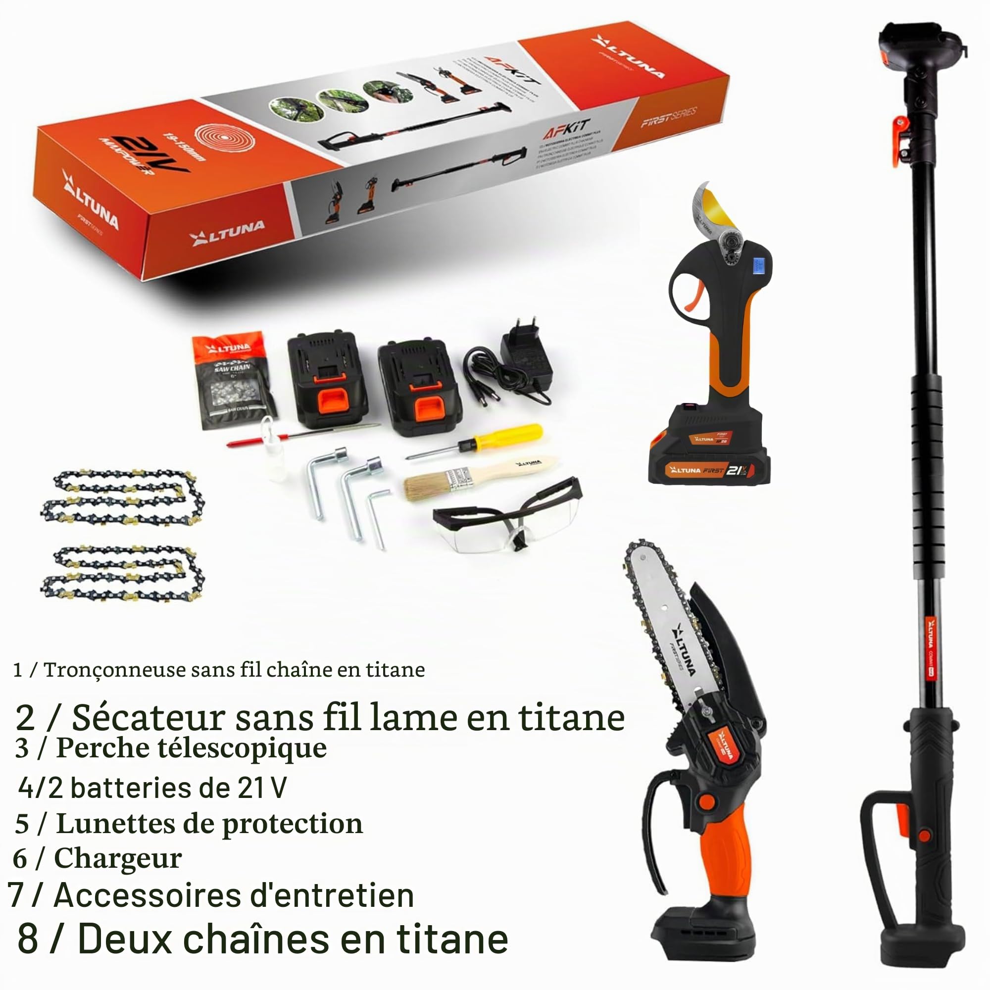 Altuna Kit de Taille à Batterie en Titane - Tronçonneuse à Batterie + Sécateur Électrique + Perche Télescopique pour Élaguer à une Hauteur de 1,63 Mètre - Inclut 2 Batteries, Noir | Perche télescopique compatible avec les deux outils, 2 batteries 21V et é
