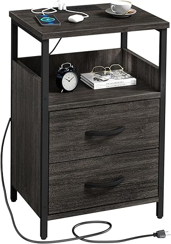 Miniatura 1 de Mesita de noche con estación de carga, mesa auxiliar con cajón de madera de tela, mesa auxiliar blanca con puertos USB para dormitorio, sala de estar