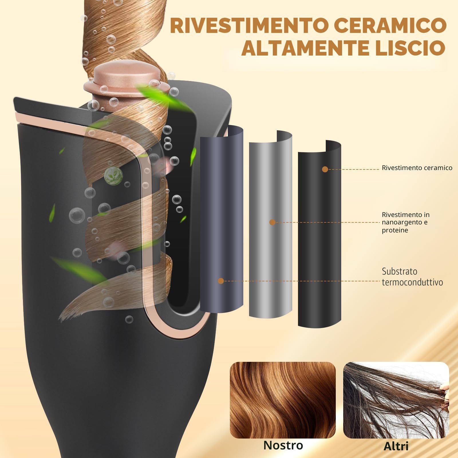 Arricciacapelli Automatico con 4 Temperature Regolabili, Rivestimento in Ceramica, Antiscottatura, Riscaldamento Rapido, Ferro per Ricci e Onde a Lunga Tenuta