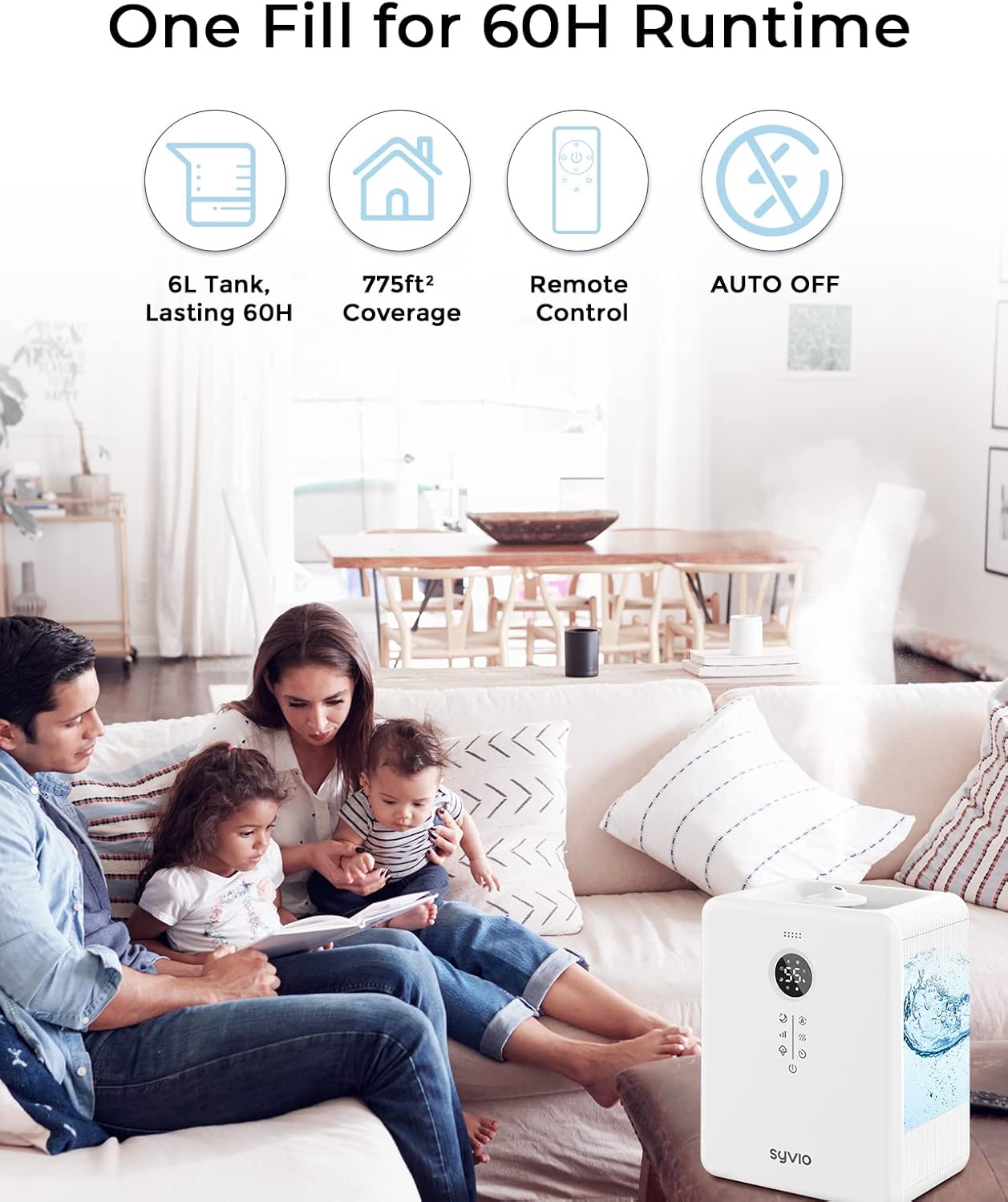 Family relaxing in a living room with the Syvio humidifier operating quietly.