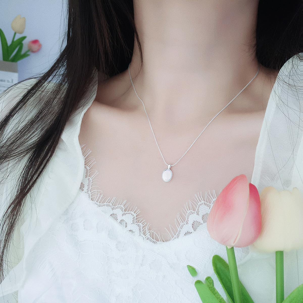 Oval Blue Gemstone Necklace Silver Moonstone Silver Pendant Necklace Minimalist Jewelry Everyday Elegant Party Jewelry Chic - Image 5