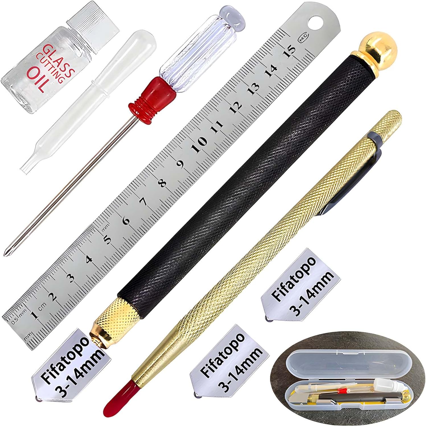 Glass Cutter 3mm-14mm, Glass Cutting Tool with Aotomatic Oil Feed, Carbide Tip Scriber,Steel Ruler,3 Pencil Style Oil Feed Carbide Tip, for Mirrors/Tiles/Mosaic