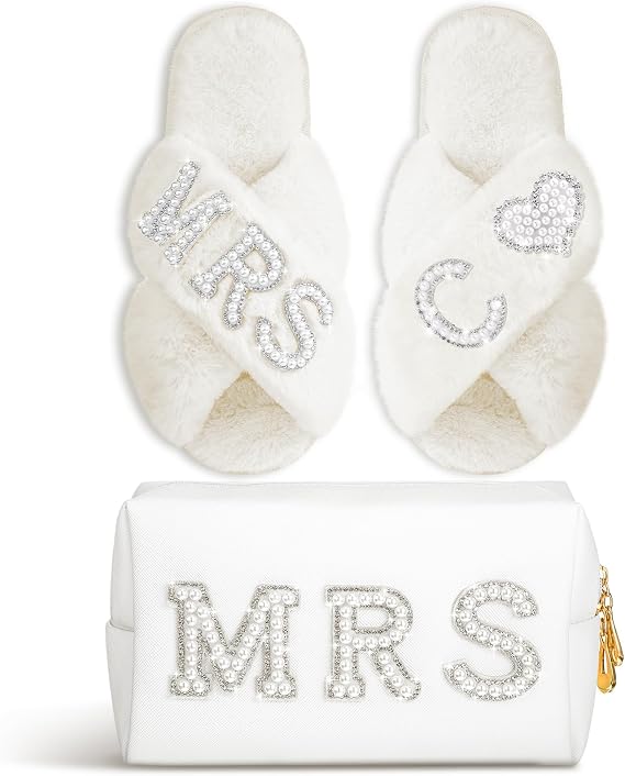Xtinmee Personalized Initial Wedding Bride Slippers MRS Pearl Letter Makeup Bag Bridal Shower Gifts for Wedding Day (C)