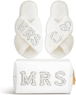Xtinmee Personalized Initial Wedding Bride Slippers MRS Pearl Letter Makeup Bag Bridal Shower Gifts for Wedding Day (C)