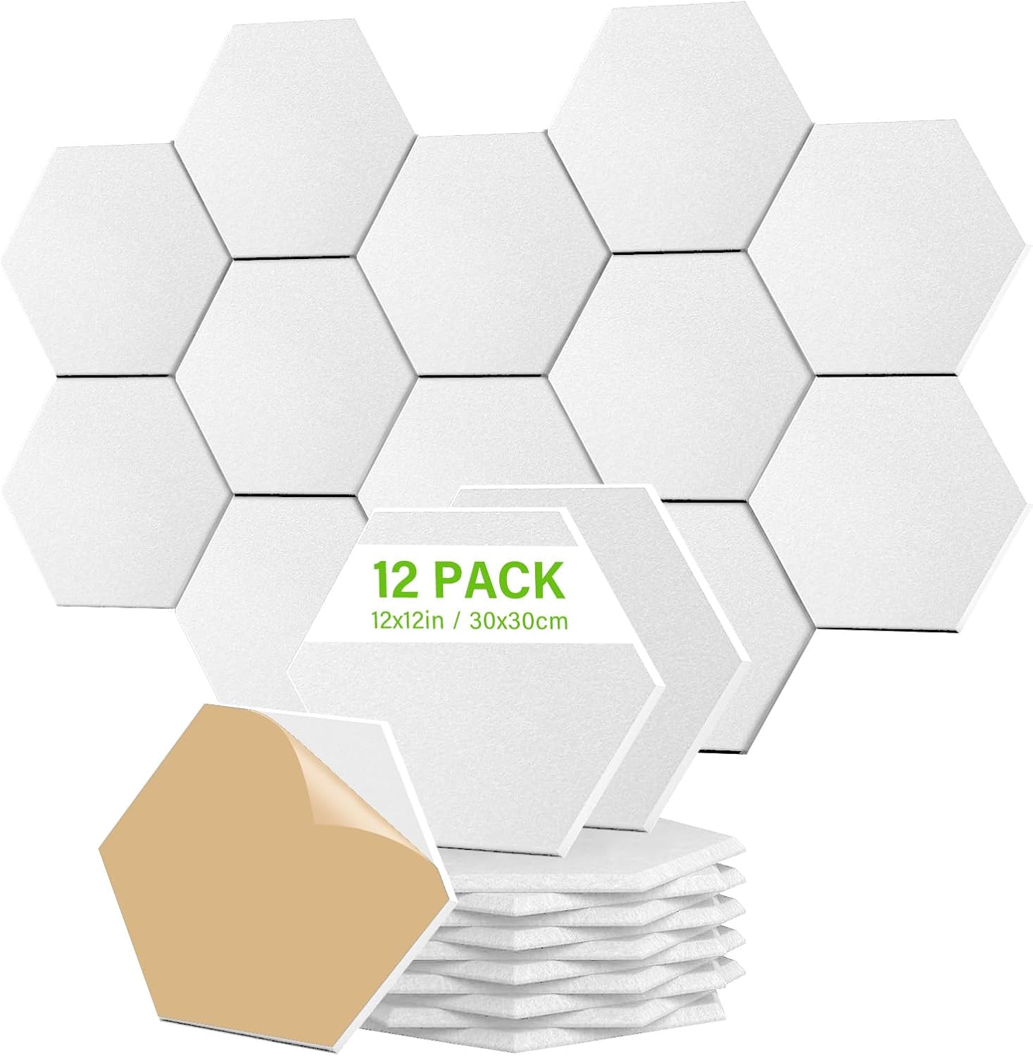 12 Pack Acoustic Panels, Black Hexagon Panels, Self-Adhesive Acoustic Foam Tiles, Sound Proof Panels for Recording Studio Gaming Room Home Office, Absorb Noise and Eliminate Echoes (Beige)