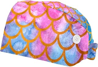 2 Pieces Working Hat with Buttons Adjustable Sweatband Bouffant Hats Unisex Tie Back Hats Watercolor Mermaid Scale