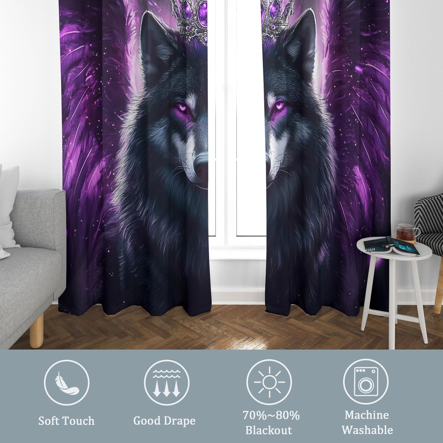 Wolf Curtains Blackout, 63 Inch - Purple Angel Wings Wolves Curtains for Home Decor, Bedroom, Living Room, Wolf Room Decor Grommet Window Drapes, 2 Panels Set 29.5x63 Q213