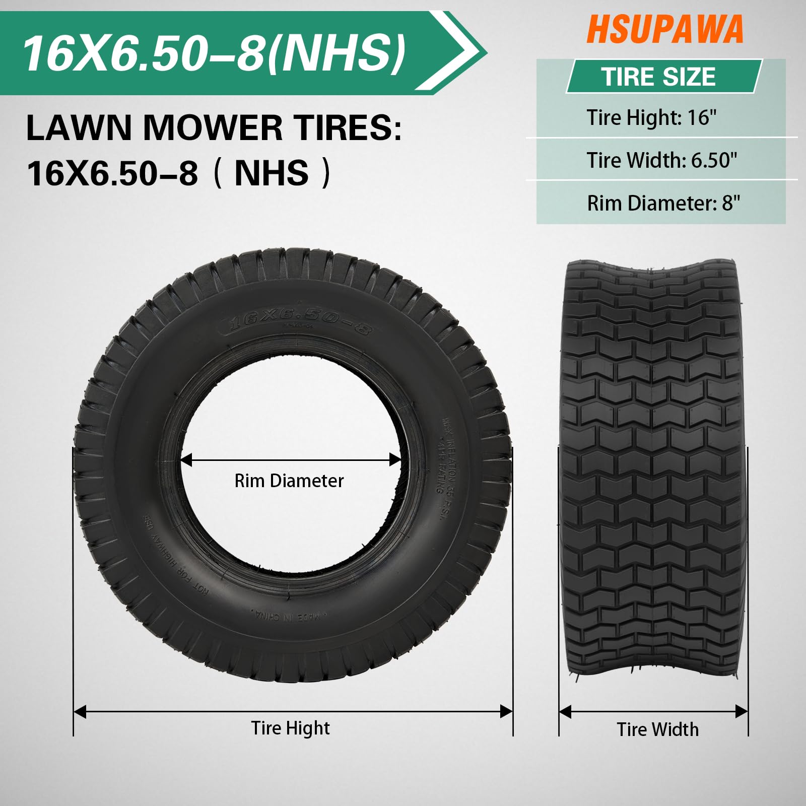 16x6.50-8 Lawn Tractor Tires Replacement - 4PR Tubeless Durable, with Deep Ribbed Treads, Rim Not Included(2-Pack) - 3
