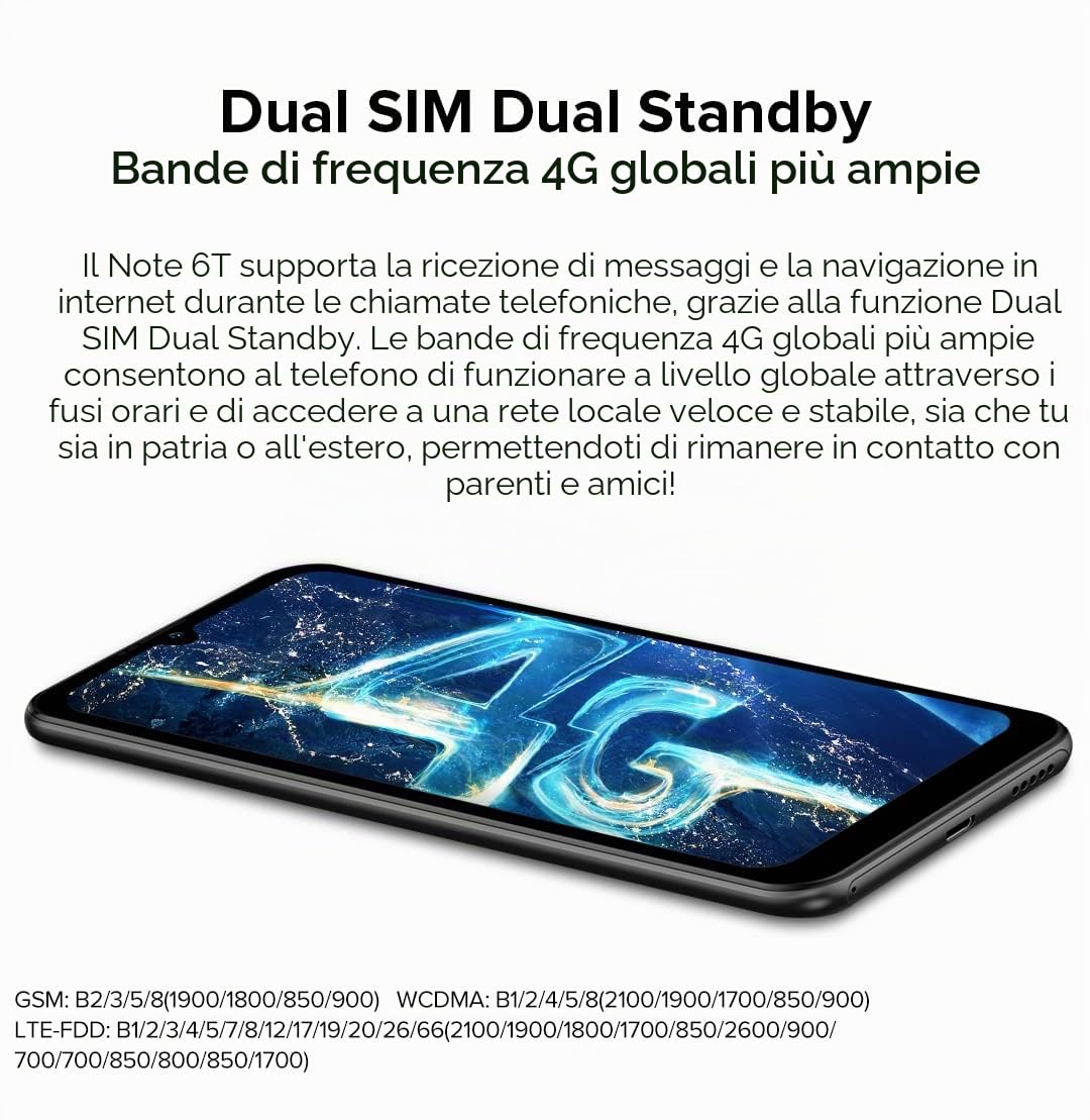 Ulefone Android 12 Smartphone NOTE 6T, 2.0GHz Quad Core 3GB+64GB, 8,5mm Ultra Sottile 4G Cellulare DUAL SIM, Schermo HD+ 6,1'', Slot Per 3 Schede, Fotocamera 13MP+5MP, GPS WIFI Sblocco Facciale Nero