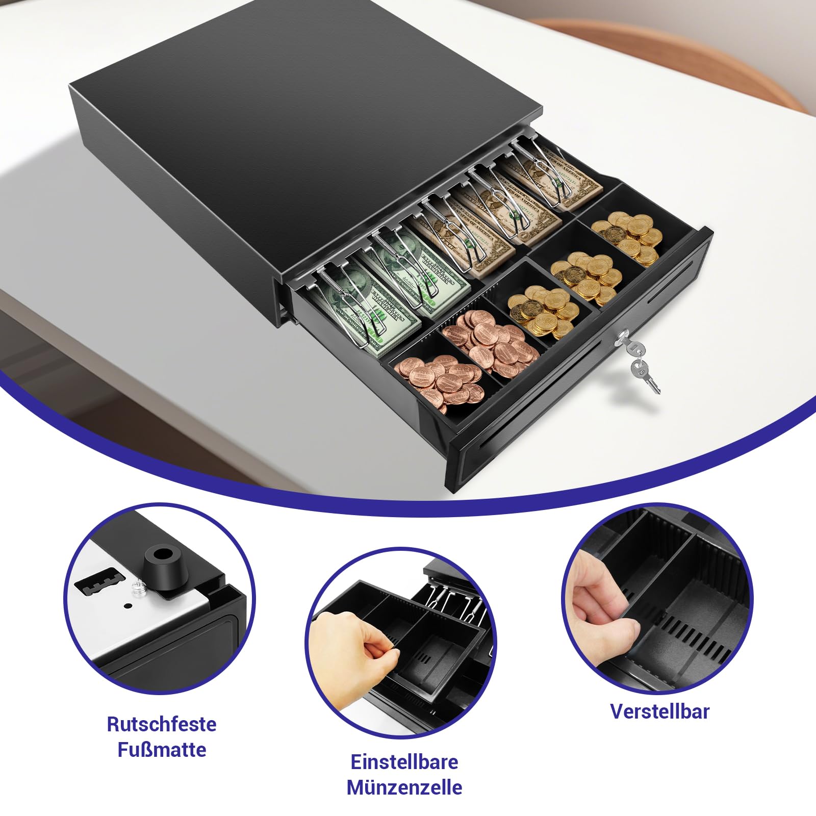 Cash Drawer box Storage Holder 5 bill & 5 vassoi portamonete rimovibile auto manuale Open Key Lock RJ11 interfaccia per registratore di cassa stampante POS negozio supermercato hotel, UK stock