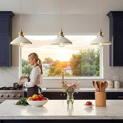 Miniatura 3 de Lámparas colgantes de cerámica industrial vintage, cable colgante ajustable de 6.56 pies, enchufe de latón, compatible con bombillas E26/E27,