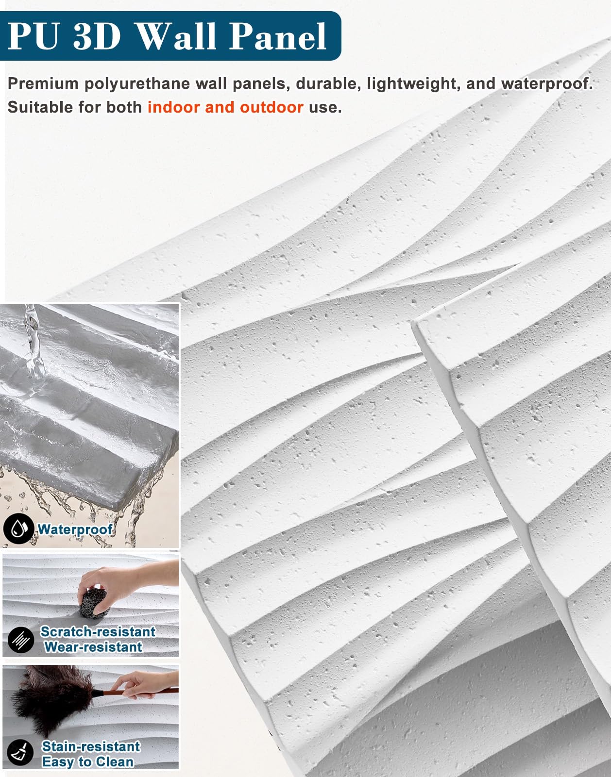 Wave - Paneles de pared de poliuretano 3D con textura de piedra sintética, revestimiento de pared interior exterior para pared decorativa, paneles de fondo para sala de estar (blanco, paquete de 4)