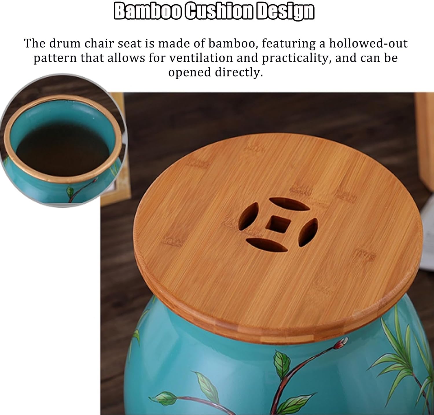 Decorative Ceramic Drum Garden Stool with Storage Modern Applique Process Chinese Drum Stool with Bamboo Board Entryway Shoe Changing Seat Small Side Table for Living Room.(Large)