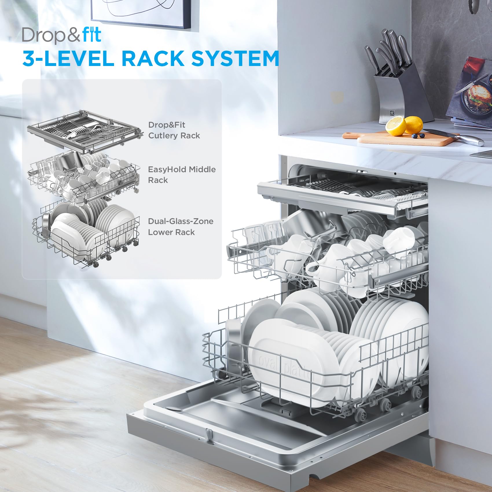 Midea Freestanding Dishwasher with 14 Place Settings, Wi-Fi Connected, 60 cm Width, 44dB Silence, Intensive Wash & Adjustable Basket, Stainless Steel-MDWEF1433D(SS) [Energy Class C] — view 11