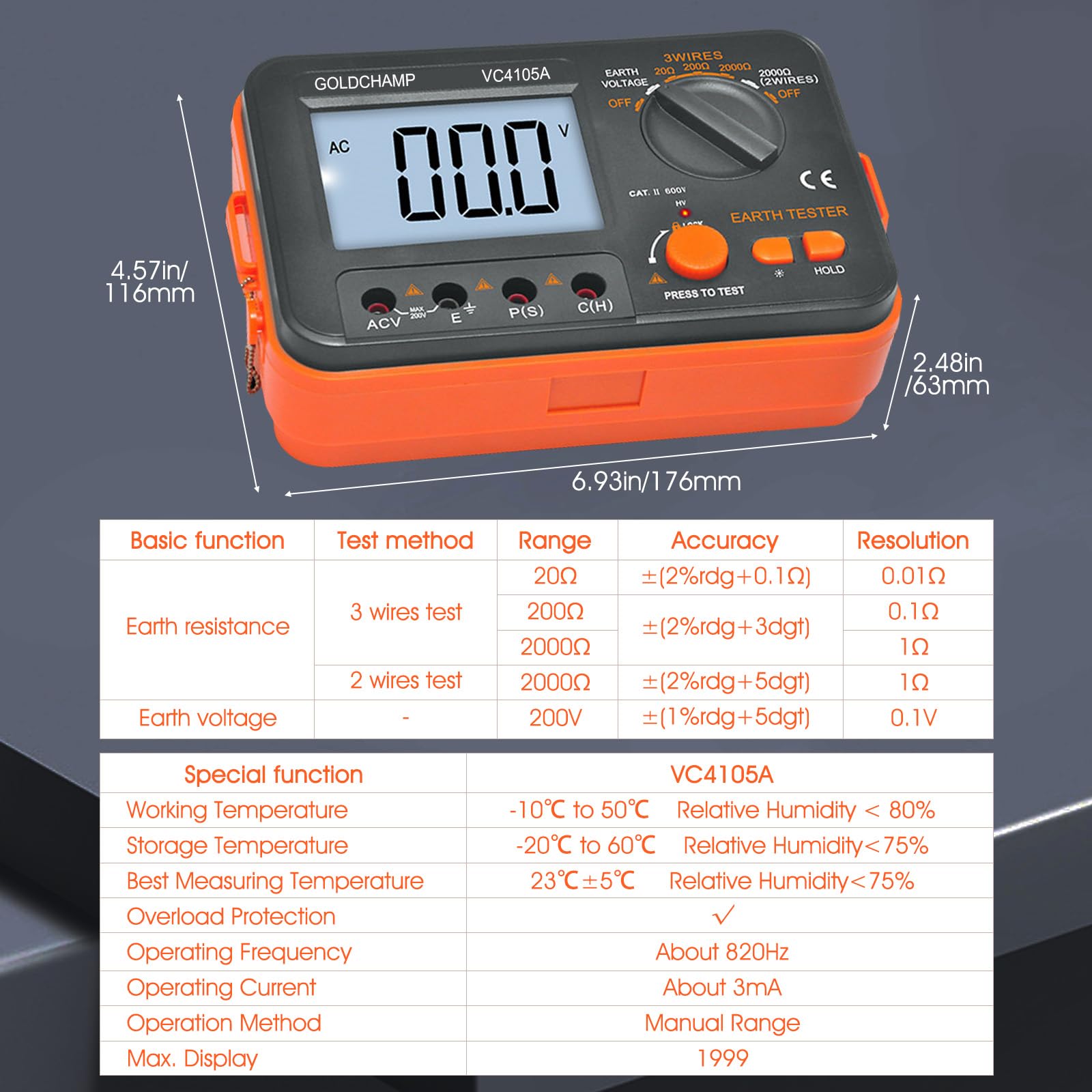 Isolationswiderstandsmessgerät 200 Ω/2000 Ω/20000 Ω, 200 V Wechselspannung, Überlastschutz, hintergrundbeleuchtetes LCD-Display mit 1999 Stellen, Batteriestandsanzeige, Erdungswiderstandsmessgerät