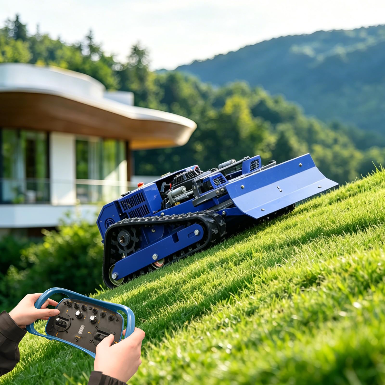 Tondeuse à Gazon Télécommandée avec Lame à Neige, Tondeuse sur Chenilles Hybride Essence-Électrique 4x4, Débroussailleuse Intégrée pour Terrain Accidenté