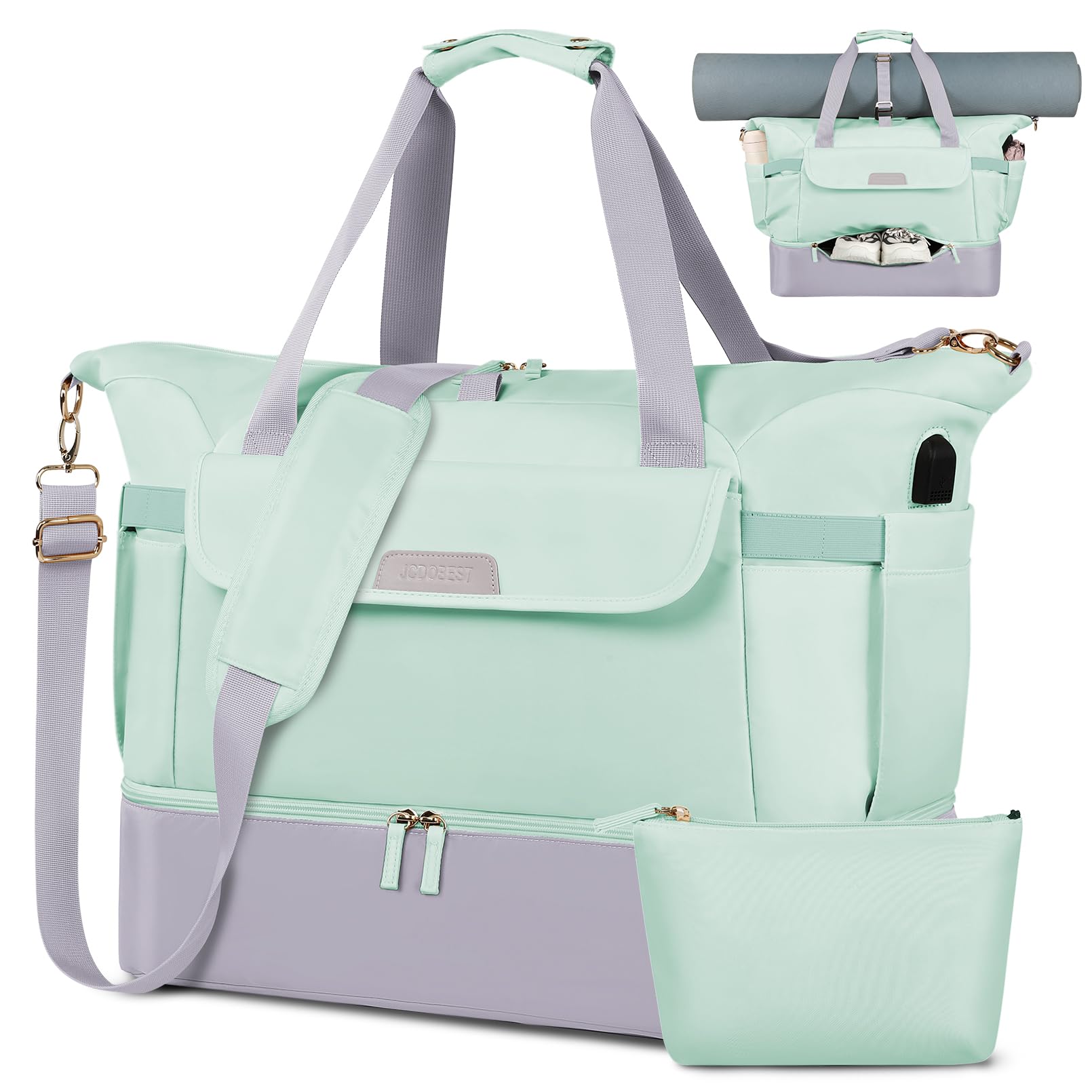 Gym Bag for Women, Sports Travel Duffel Bag with USB Charging Port, Weekender Overnight Bag with Wet Pocket, Lightweight Travel Bag for Airlines,Carry on Overnight Tote Yoga Bag with Shoes