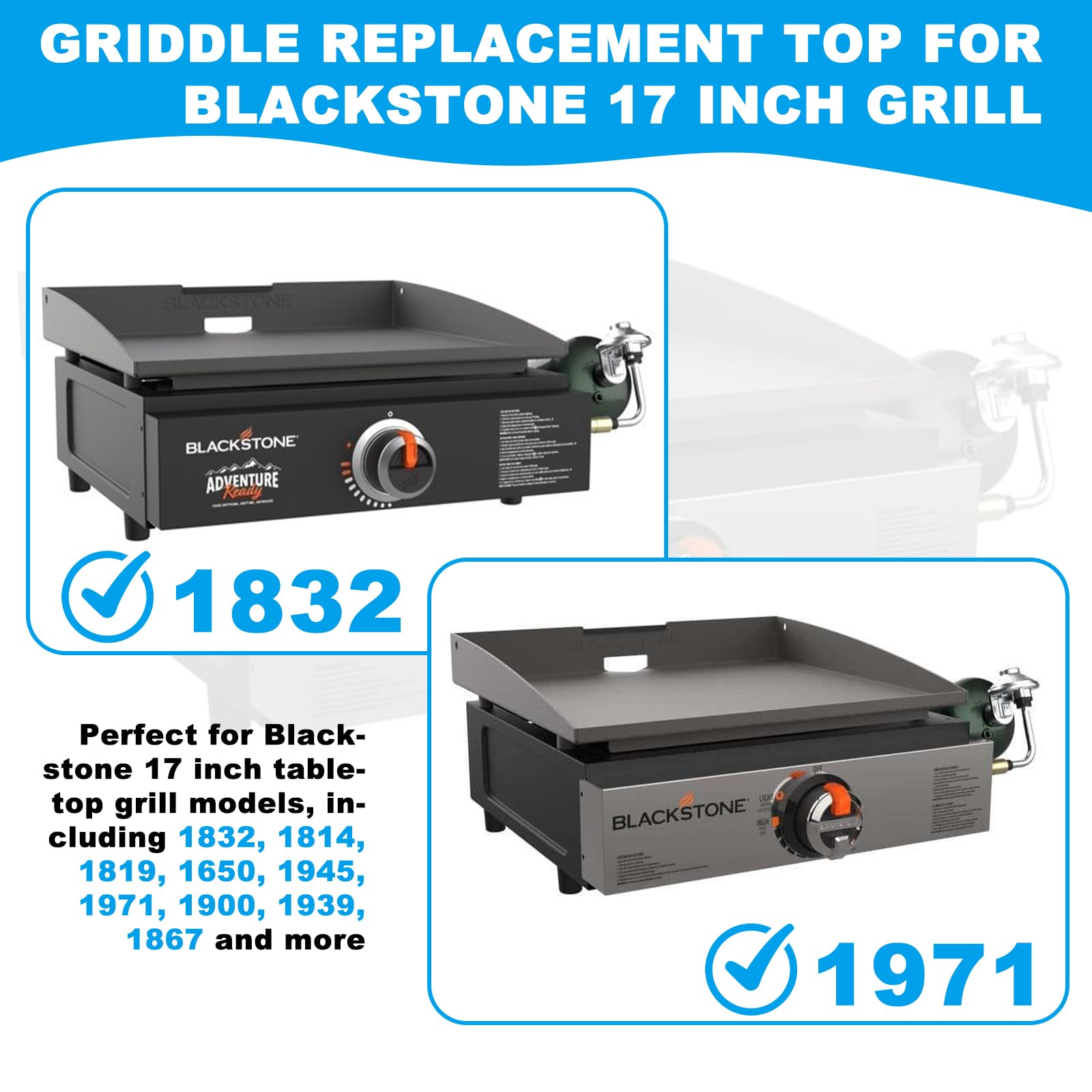 Parrilla plana para Blackstone 17 pulgadas con recubrimiento en polvo de acero recubierto de acero revestido de acero con sistema de grasa trasera para Blackstone 1819 1832 1814 1650 1945 3