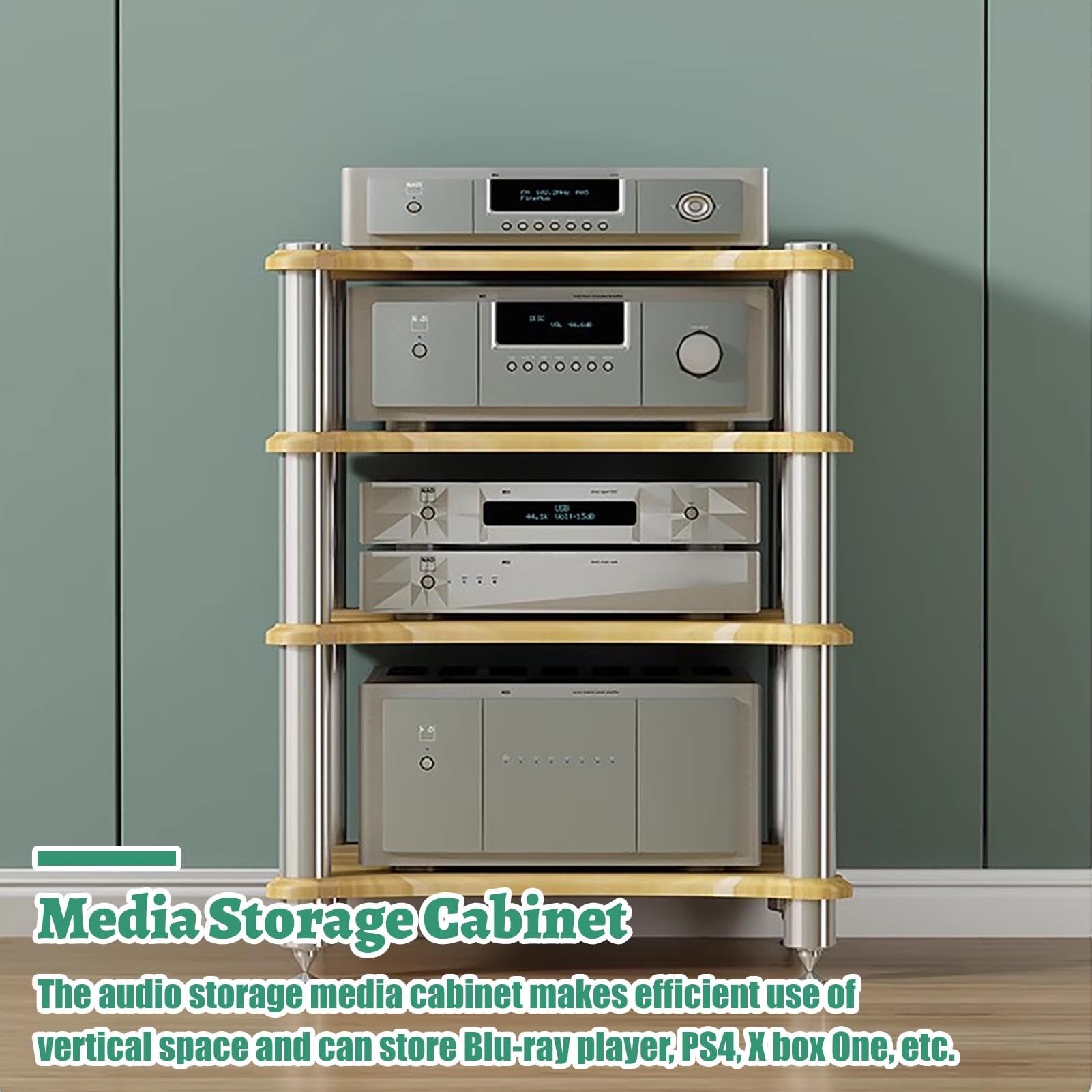Mobile a 4 ripiani per TV e console di gioco, scaffale aperto per stampanti e giradischi, design in legno naturale, versatile supporto multimediale