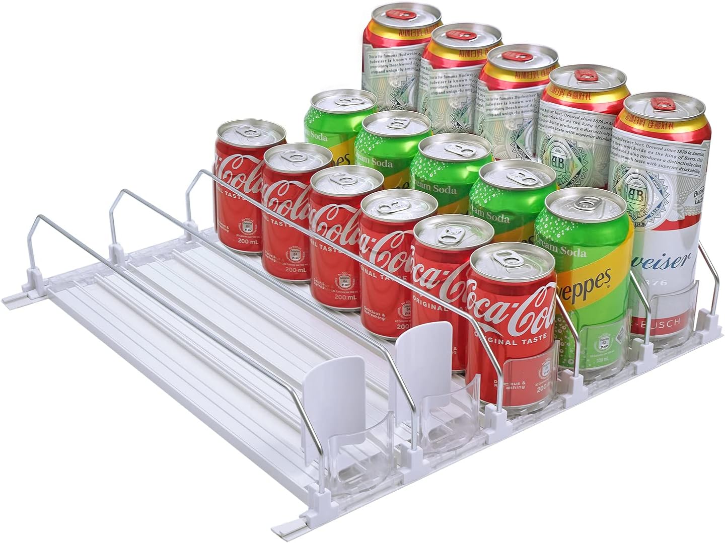 BUDO Drink Dispenser for Fridge, Self-Pushing Can Organizer for Refrigerator, Adjustable Width Beverage Water Beer Storage for Kitchen Pantry, Holds up to 30 Cans (White,16.4inch, 5 Rows)