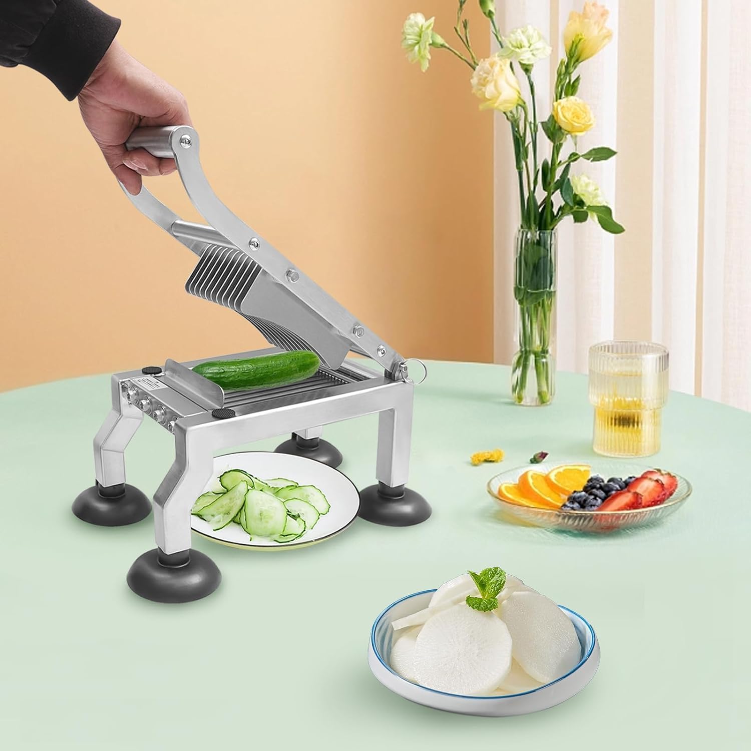 Professioneller Manueller Tomatenschneider, Gemüseschneider Aus Edelstahl Mit Einstellbarer Schnittstärke, Mit 4 Rutschfesten Saugnäpfen, Schnittstärken 5 Mm/10 Mm/15 Mm Für Gurken, Zwiebeln