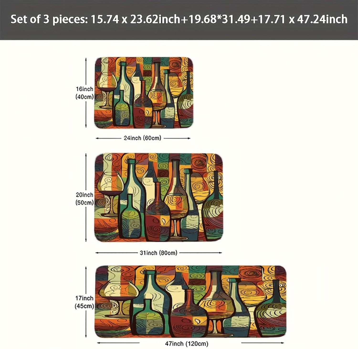 Wine Bottle Art Kitchen Rugs Sets of 3 Non Slip Kitchen Mats for Floor Farmhouse Kitchen Sink Mat Thick Comfort Standing Mat for Laundry Room Hallway Bathroom