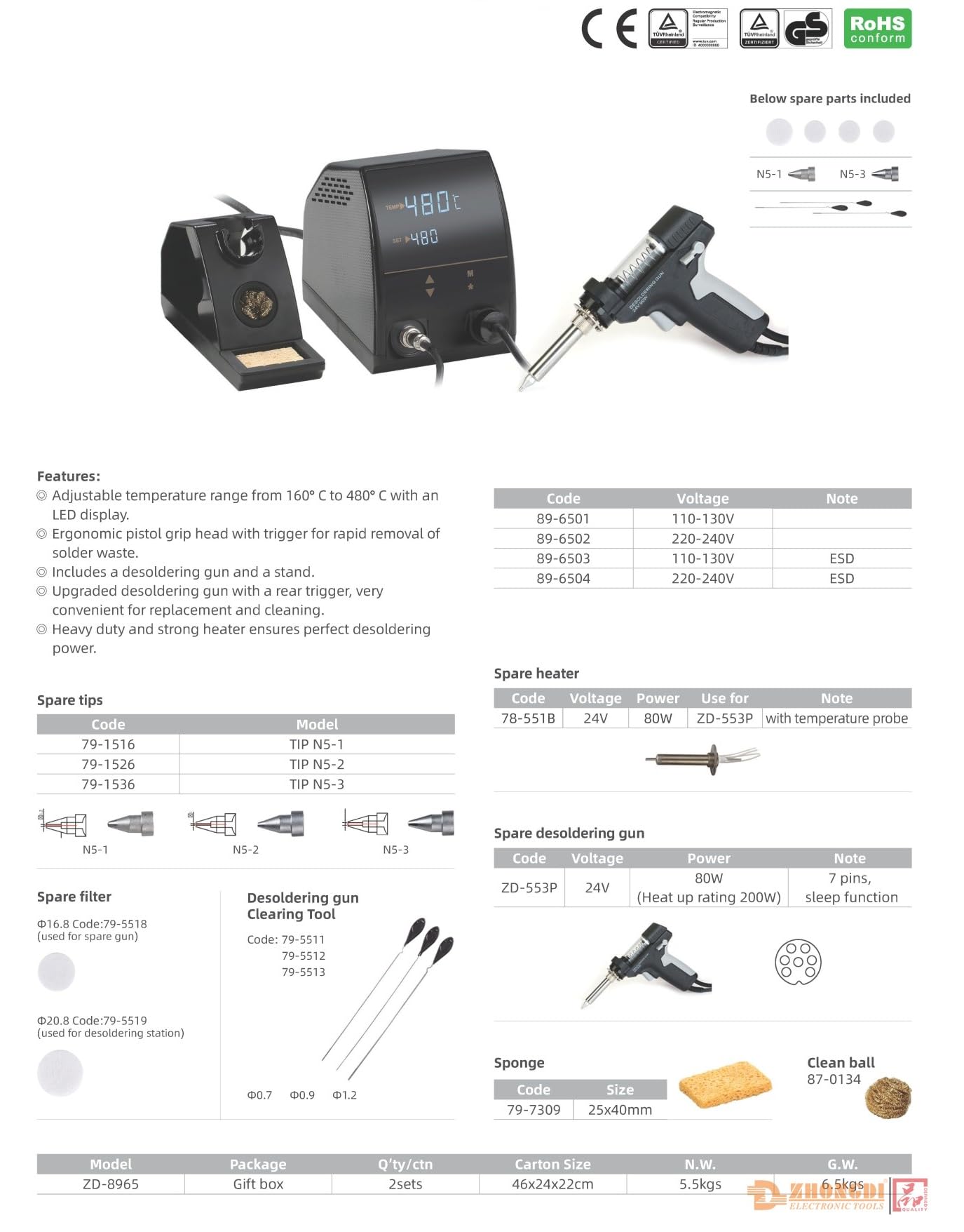 Stazione Dissaldante EMPOTEC EM-8965 ESD per Dissaldare Componenti Elettronici 140W Temperatura Controllata 160-480° Aspira Succhia Stagno Pompa Aria e Pistola per Dissaldatura 24V 80W con Supporto