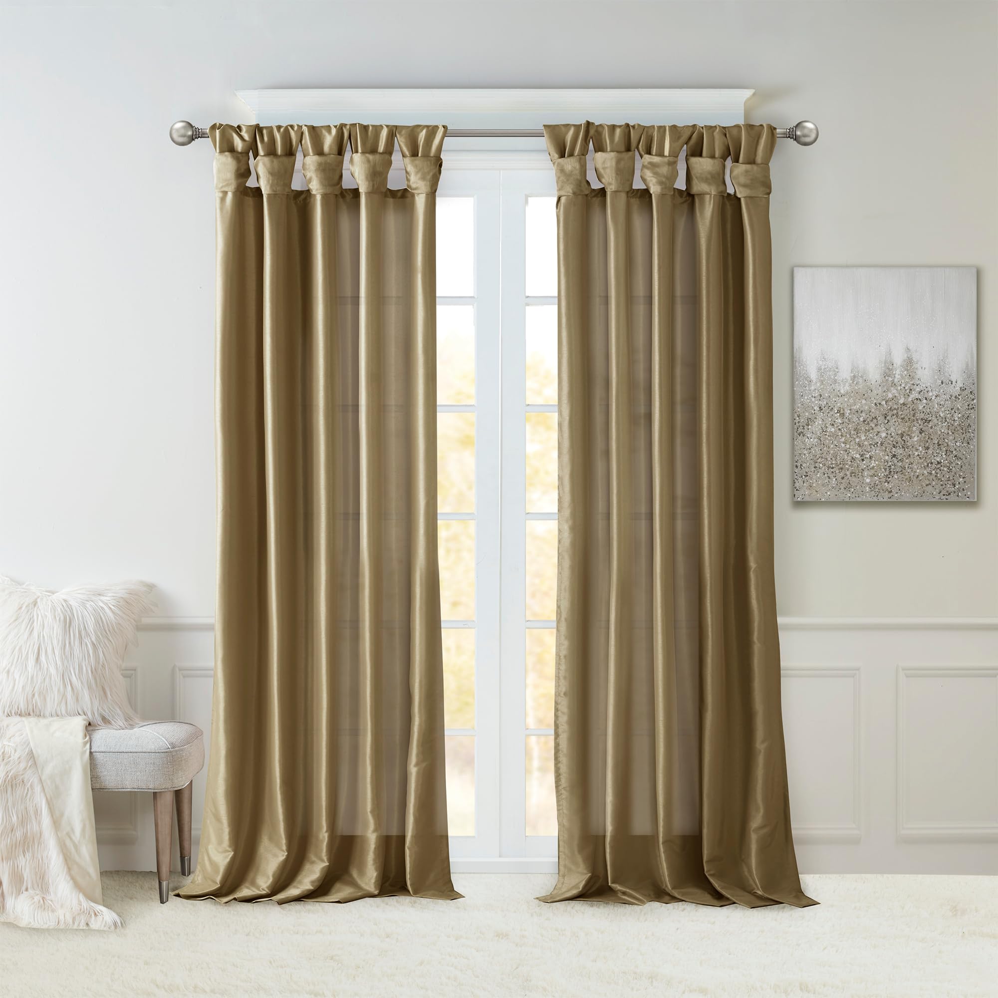 Madison Park Emilia Faux Silk Single Curtain with Privacy Lining, DIY Twist Tab Top, Room Darkening Window Drape for Living Room, Bedroom and Dorm,