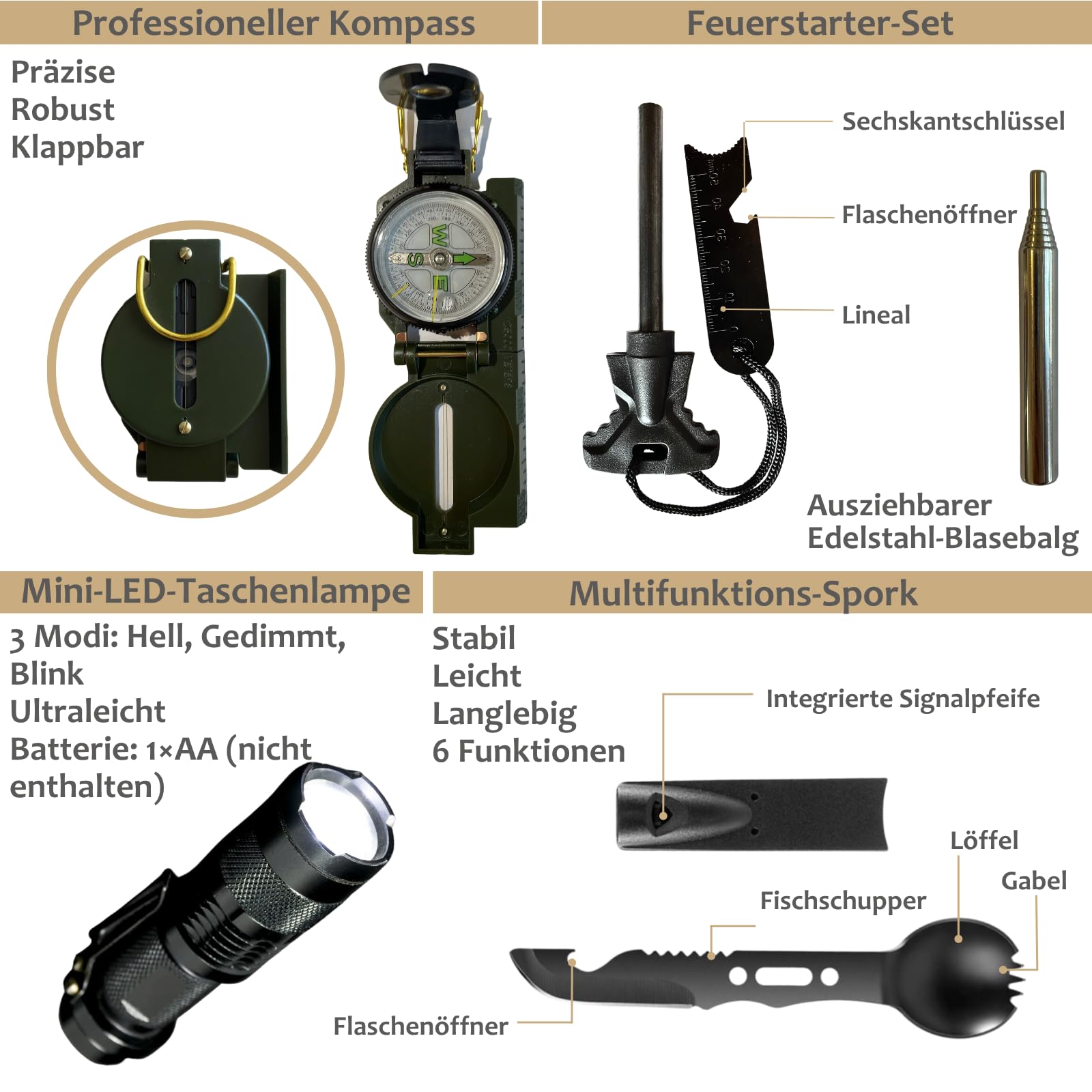 Survival Kit Komplett BIRKOSCH – 16 Werkzeuge + 82 Erste-Hilfe-Teile | 2 in 1 : Outdoor-Tasche + Erste-Hilfe-Set. Kompass, Wasserfilter, Rettungsdecke – Camping, Wandern, Auto, Notfall.