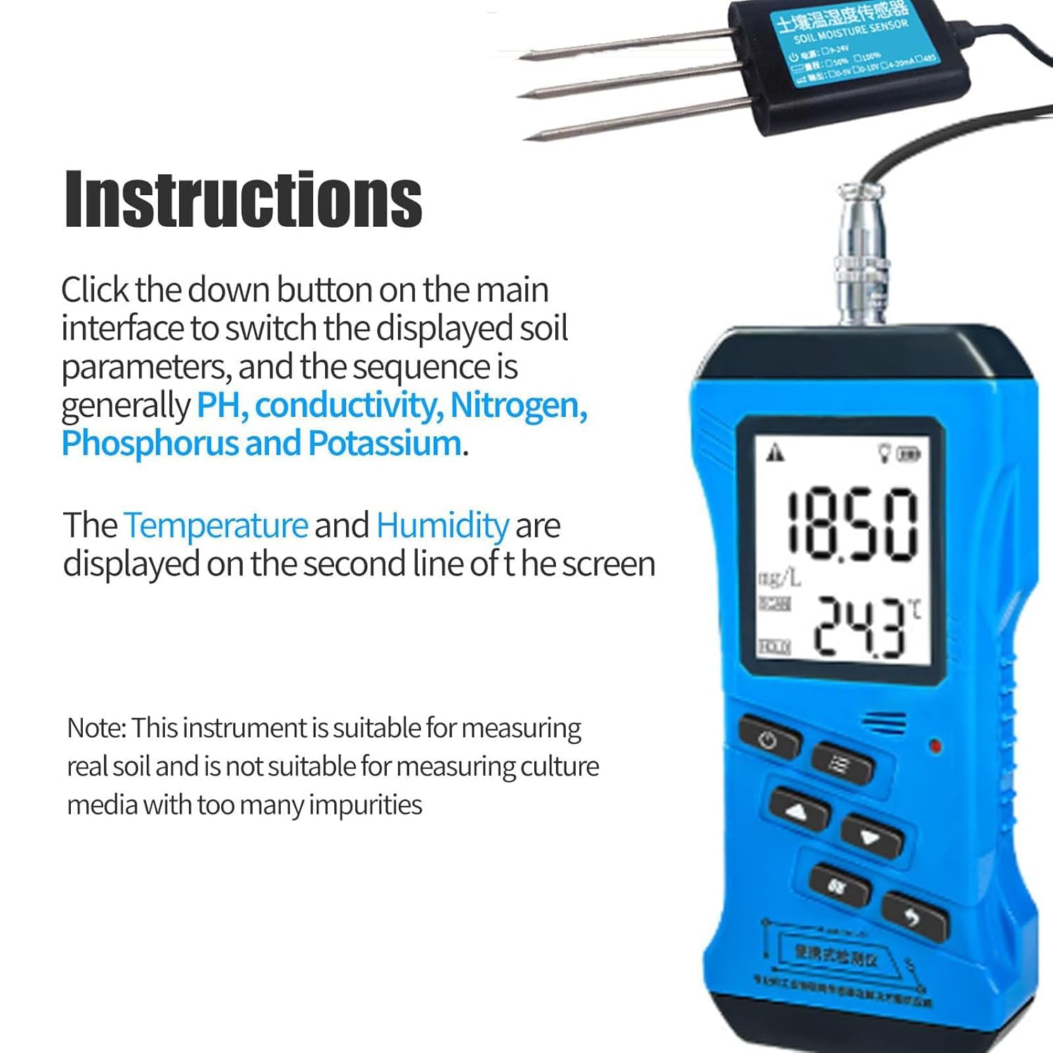 Medidor de humedad del suelo – Multifuncional NPK PH EC Tester, LCD Digital Plant Testing Kit para plantación agrícola y cultivo de suelo