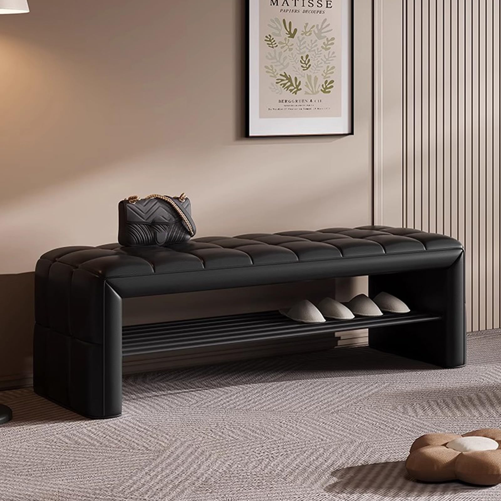 Banc à chaussures en cuir à 2 niveaux avec siège rembourré pour entrée