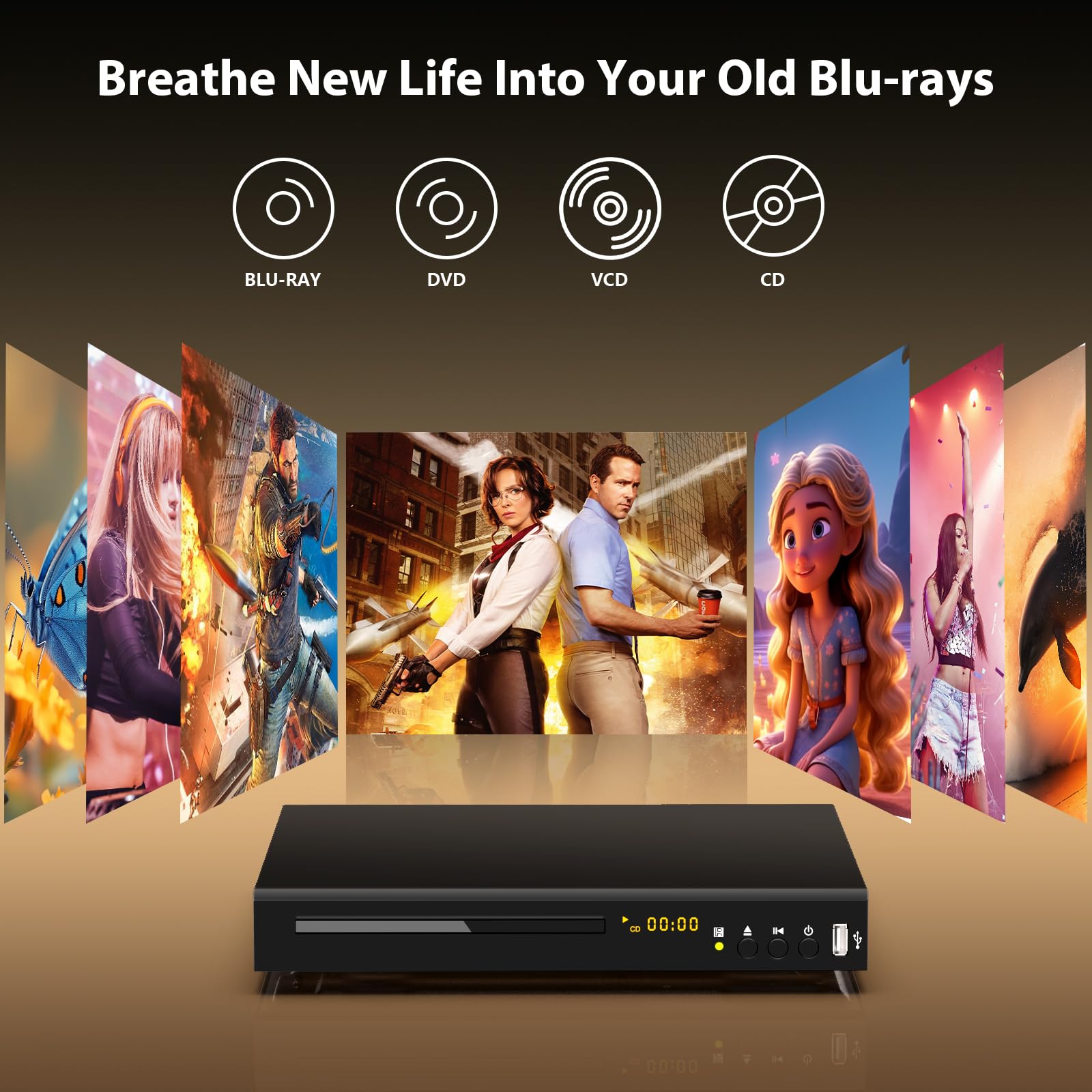 Reproductor de DVD Blu Ray Dolby Digital TrueHD/DTS y 1080P Full HD, reproduce todos los DVD y Blu-Ray de la región A 1, compatible con unidad flash USB máxima de 128 G + salida HDMI/AV/coaxial + PAL