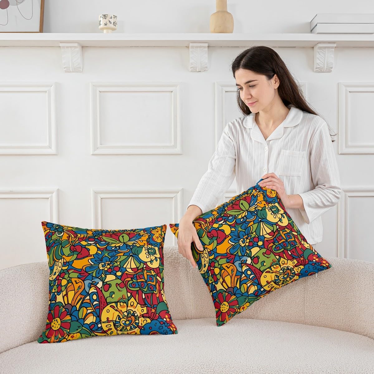 Abstract Throw Pillow Cover 24x24, Green Blue Yellow Pillow Cover, Boho Botanical Geometric Abstract Cushion Cover, Tribal Ethnic Bright-Coloured Floral Decorative Square Pillow Case