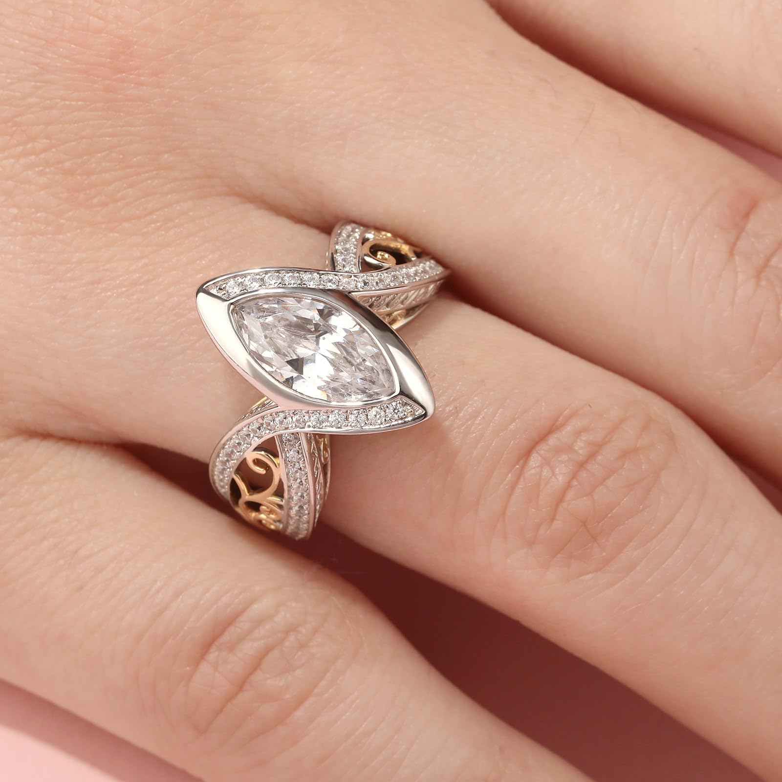 Jeulia Ring aus Sterlingsilber im Vintage Stil zweifarbig Marquise Schliff Band Verlobungsversprechen Jubiläumsringe für Frauen Mädchen mit Schmuckschatulle