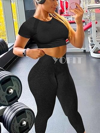 YOFIT Women's Workout Outfit 2 Pieces Seamless High Waist Yoga Leggings with Long Sleeve Crop Top Gym Clothes Set