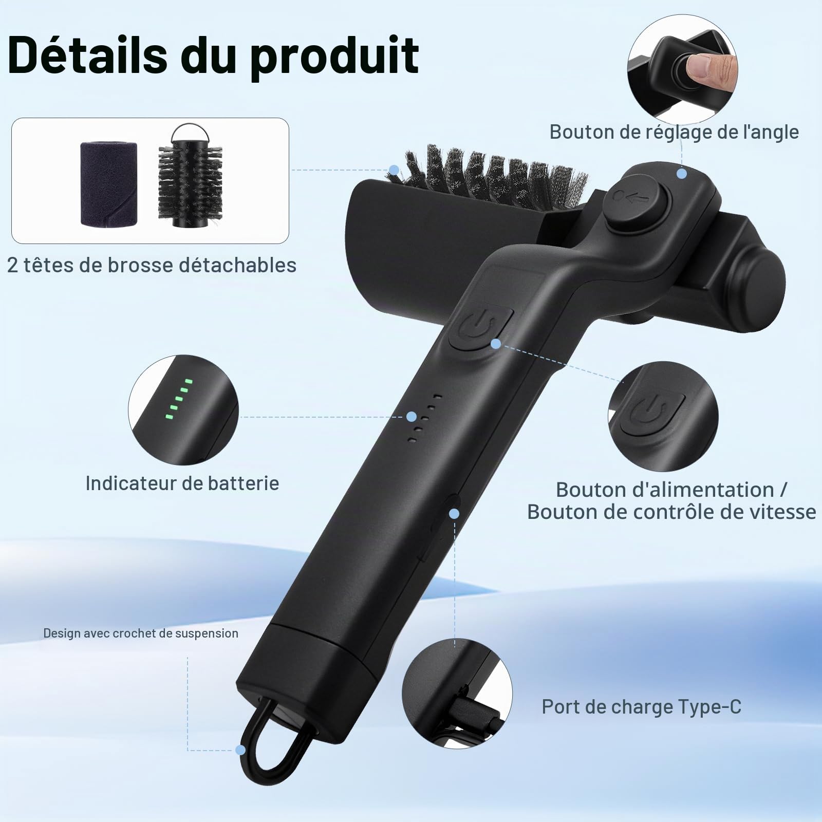 Brosse Électrique pour Barbecue, Tête Rotative en Acier Inoxydable, Réglable à 180°, Nettoyage à 3 Niveaux, Autonomie de 90 Minutes, Nettoyeur de Grill sans Poils pour Barbecue Extérieur